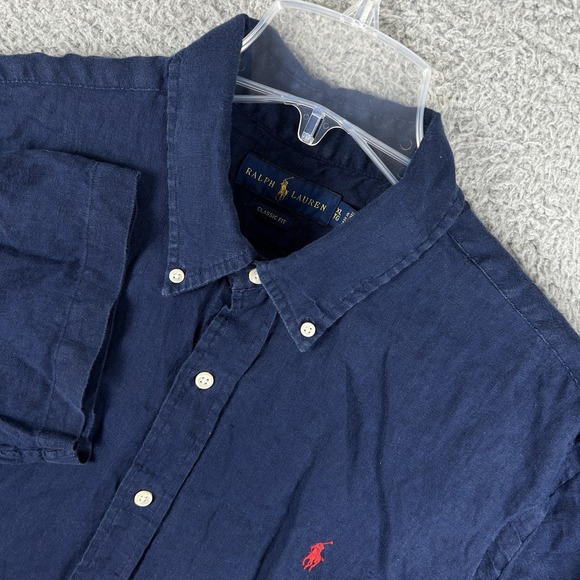 Ralph Lauren Shirt Mens XL Blue Linen Classic Fit Short Sleeve Button‎ Up Preppy - Picture 1 of 8